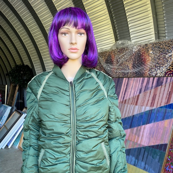 Platinum Olive Nylon Shirred Puffer Bomber Jacket - Picture 2 of 6